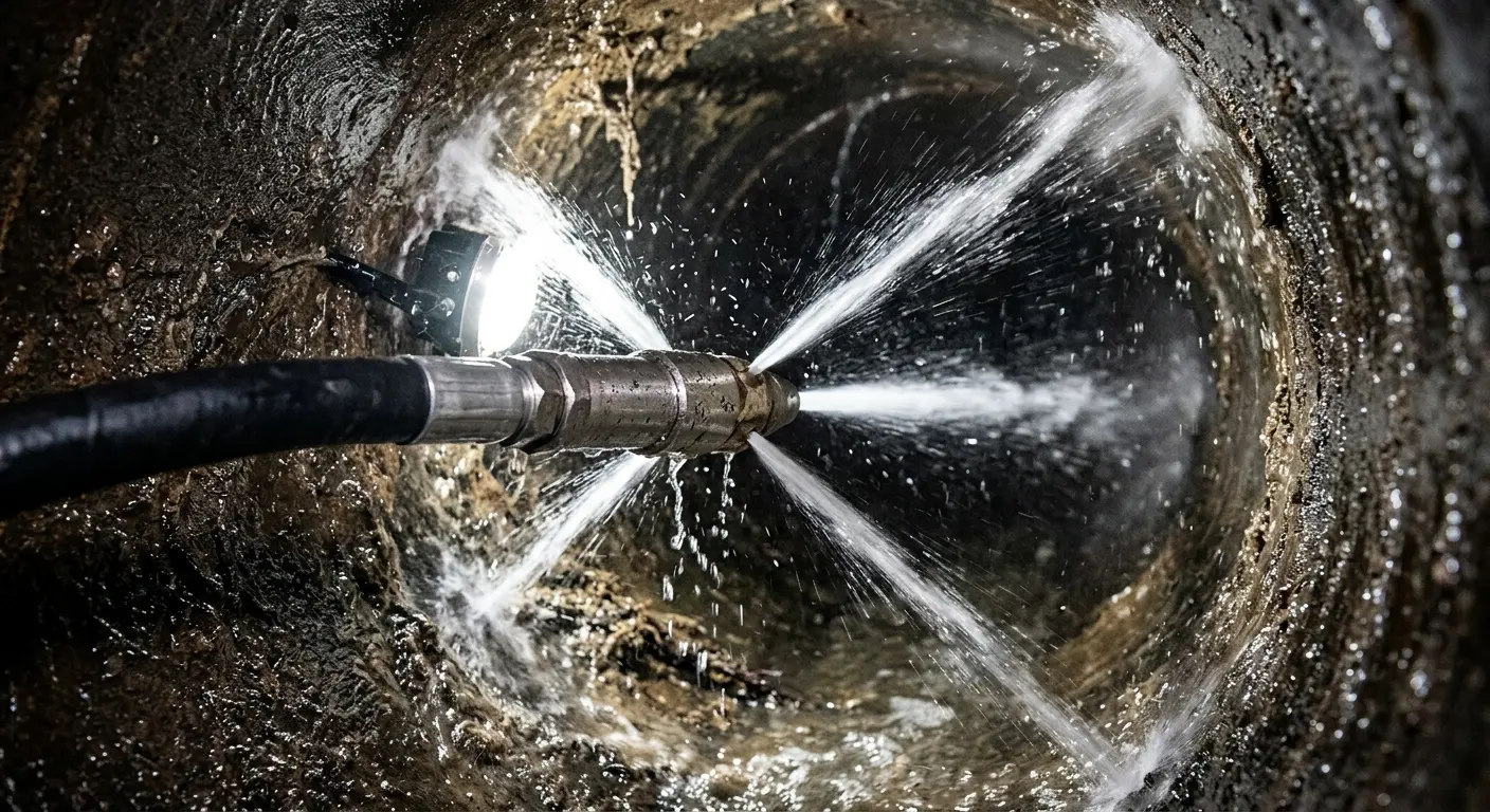 High-pressure hydro jetting nozzle cleaning sewer pipe for Emergency Drain Service in Fairport