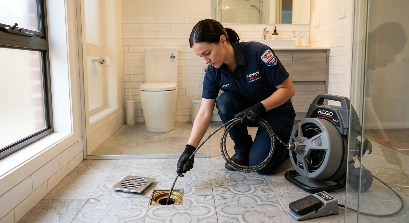 Technician clearing a bathroom floor drain for Sewer Line Replacement in Fairport